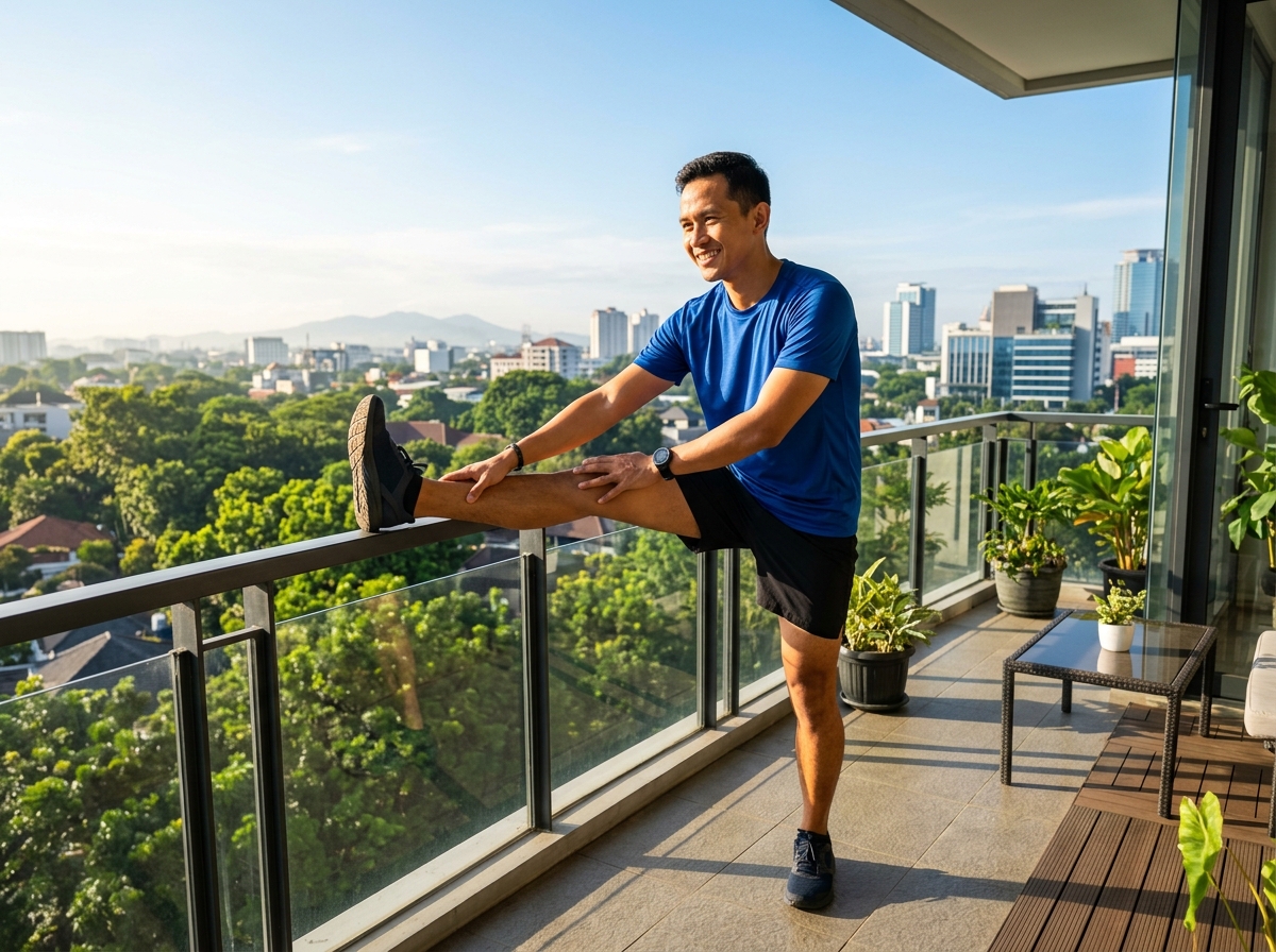 Pria bugar menikmati paparan sinar matahari pagi di balkon apartemen